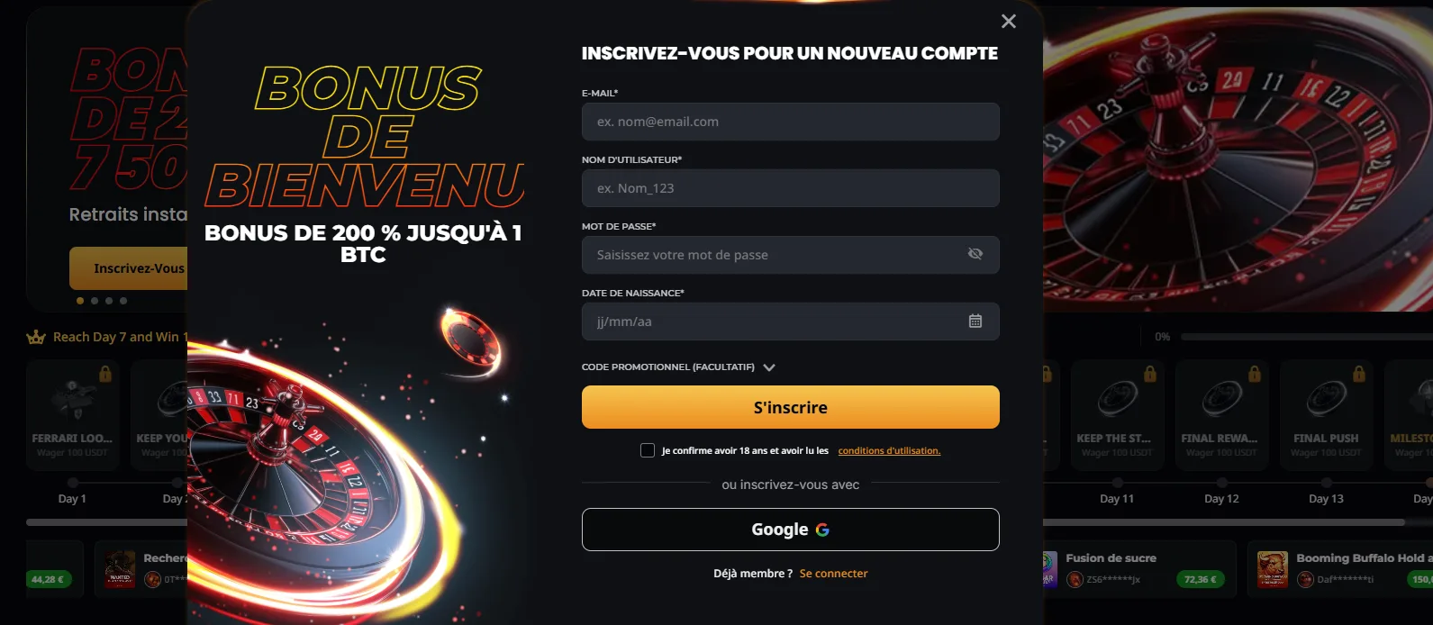 instant casino inscription